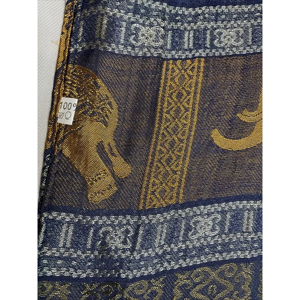 100% Silk Scarf Shawl Elephants 66 X 20 Art To Wear Lagenlook Tribal Shiny